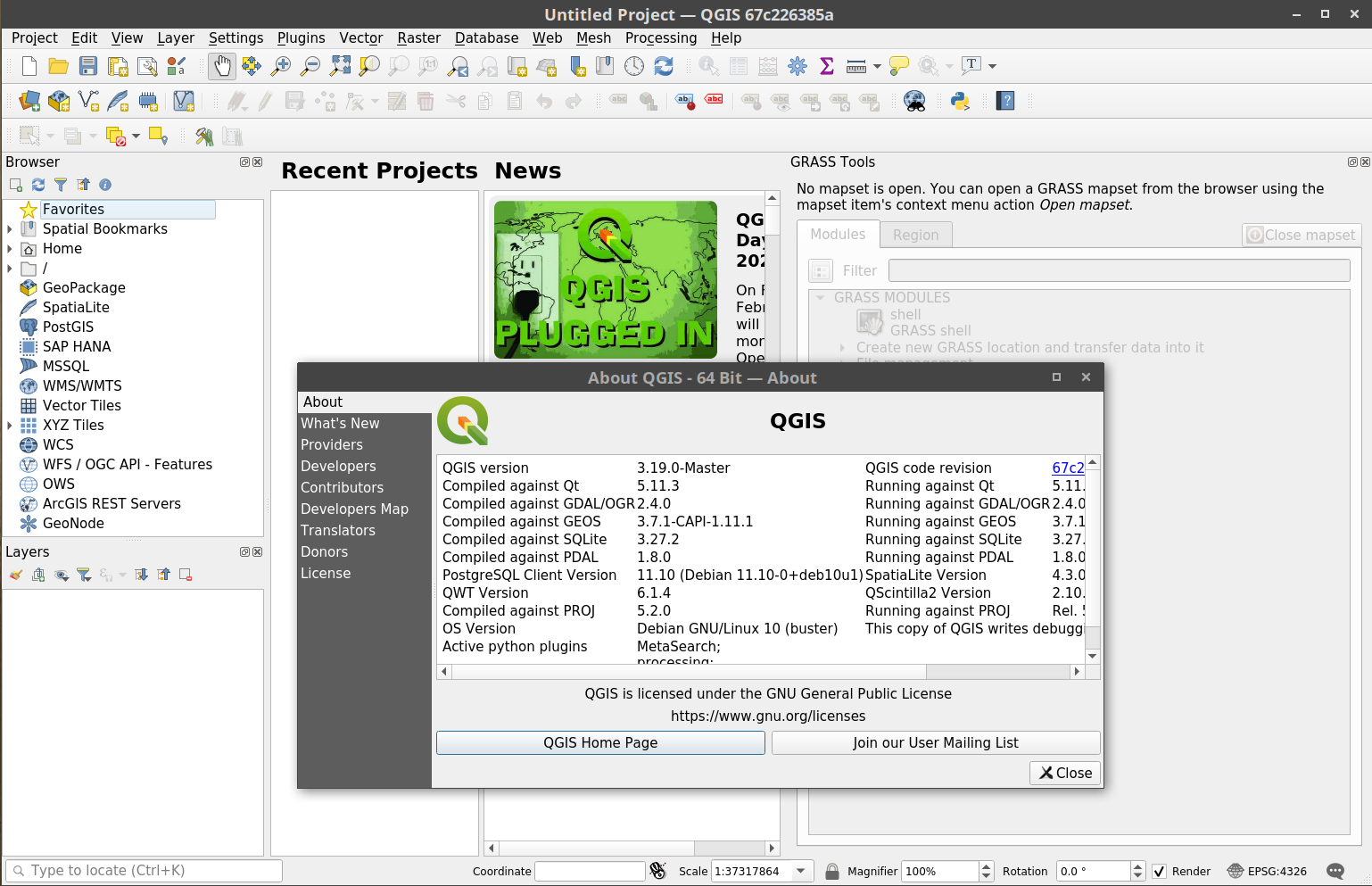 Captura de la versión en desarrollo de QGIS corriendo con Docker y el plugin de GRASS activado