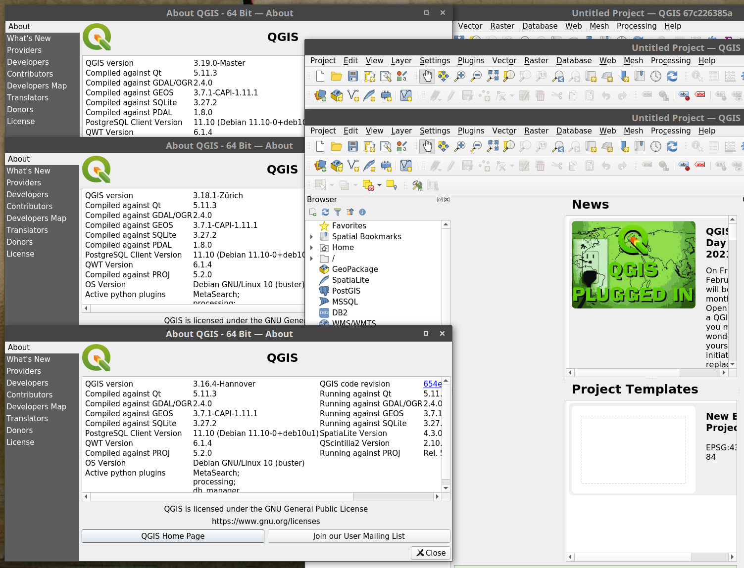 Captura de pantalla con las tres versiones de QGIS corriendo al mismo tiempo sobre un mismo escritorio en GNU/Linux